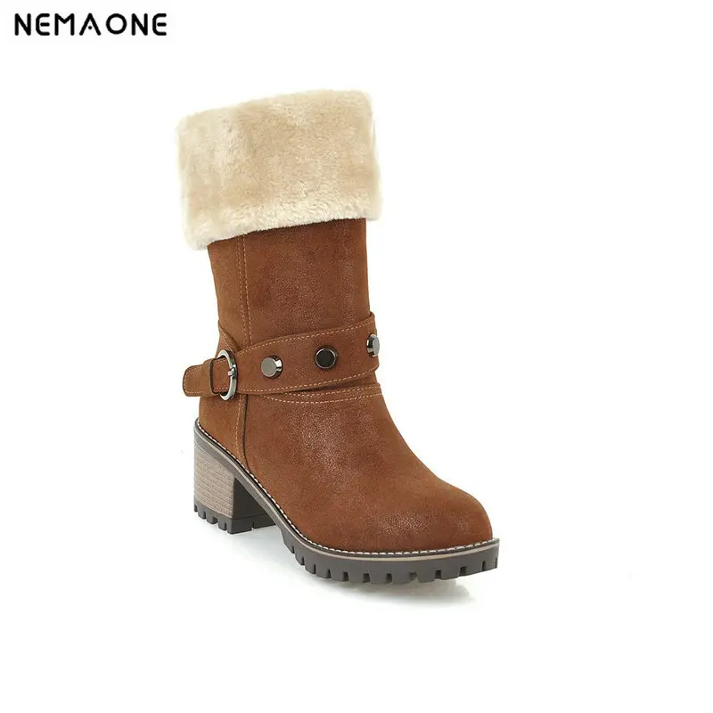 

Women's snow Boots thick High Heel Ladies mid-calf Boots plush Winter warm Shoes woman black green brown Plus Size 43