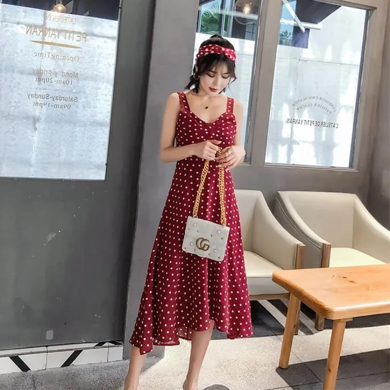 Сексуальное Красное платье в горошек с лямкой на шее лето 2019 | Женская одежда