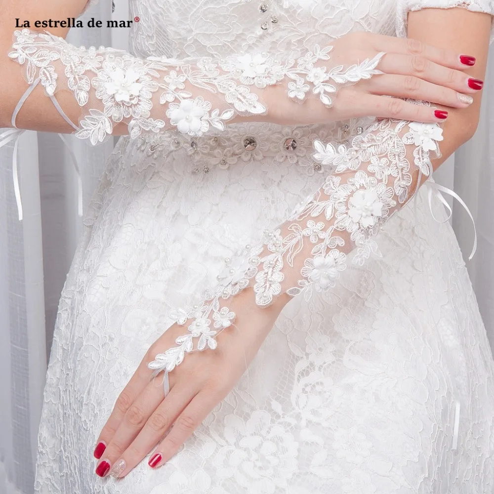 Аксессуары mariage Новые открытые пальцы слоновой кости кружева жемчужные свадебные перчатки длинные аксессуары boda сток noivas gelin eldiveni