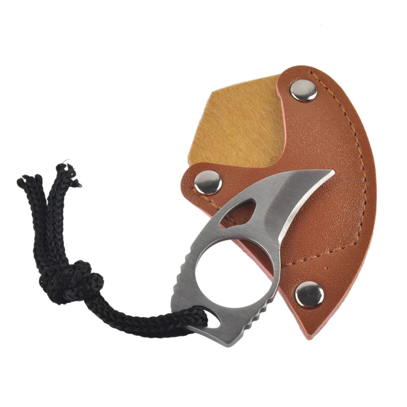 

Outdoor Survival EDC Mini Carabiner Knife With Rope and Leather Cover Multi Function Tool Stainless Steel Claw Knife for Camping