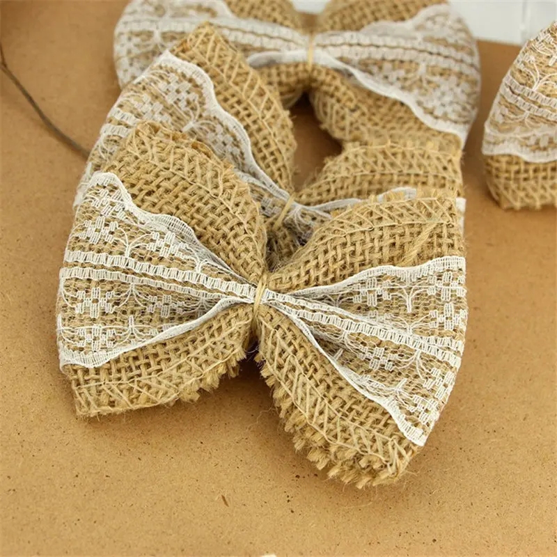 1Pcs Vintage Lace Bowknot Natural Jute Burlap hessian Bows DIY Lace Ribbon Crafts for Christmas Wedding Party Decoration 62516