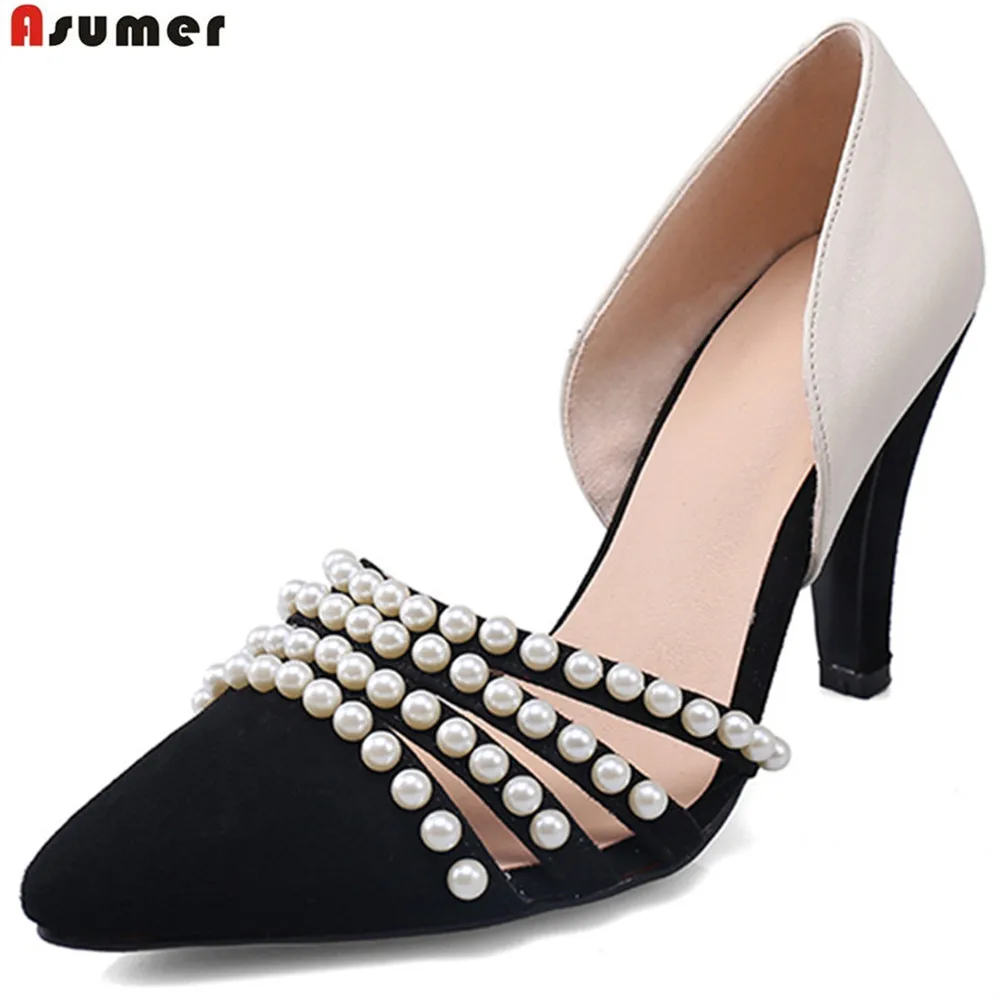 

ASUMER apricot fashion spring autumn shoes woman pointed toe mixed colors elegant women kid suede +cow leather high heels shoes