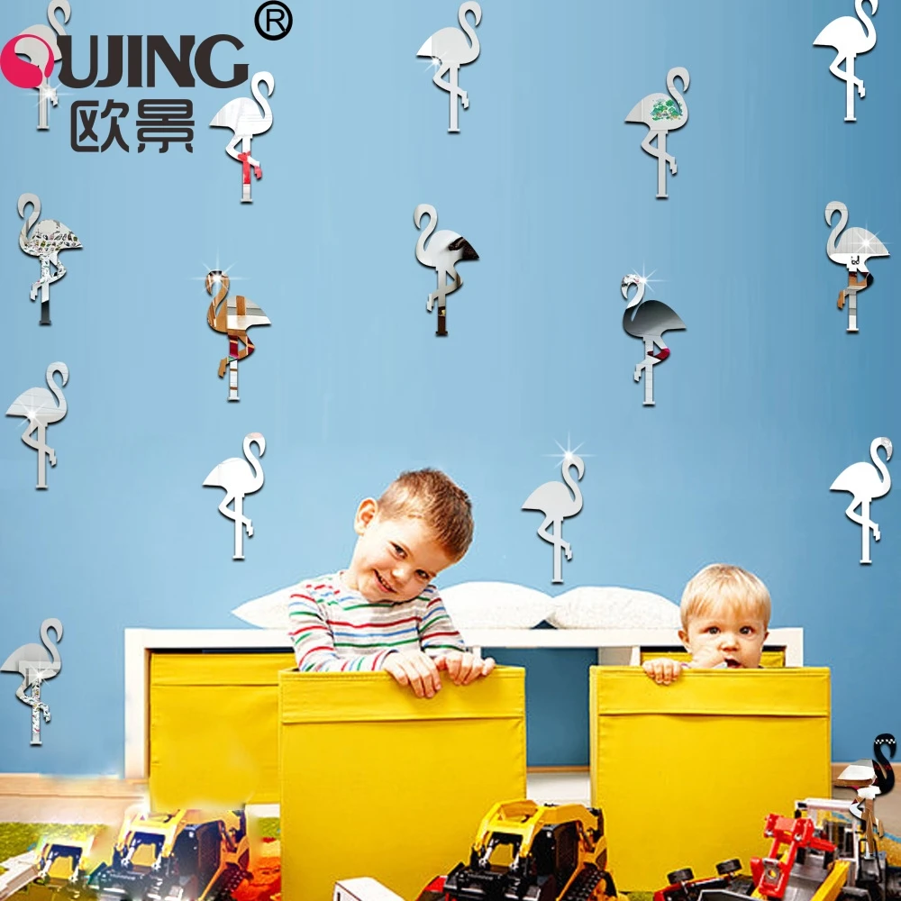 14pcs/set 3D Cartoon Flamingo Acrylic Mirror Surface Wall Sticker Baby Room Decoration Wallpaper Easy To Apply DIY Decals | Дом и сад