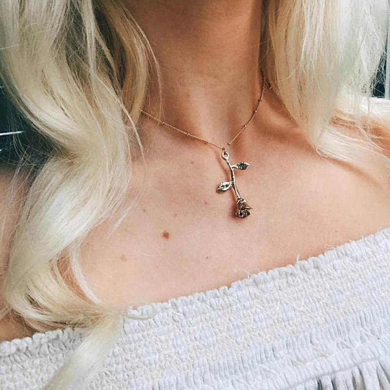 

Fashion Jewelry Collier Pink Gold Rose Statement Pendant Necklace Women Beauty Beast Jewelry Luxury Necklace for Lovers Gifts