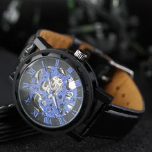 2016 Moda Casual Hombres Mujeres Reloj Esqueleto Hollow Hombres Mecánicos Relojes de Pulsera Banda de Cuero Negro Nueva Venta Caliente