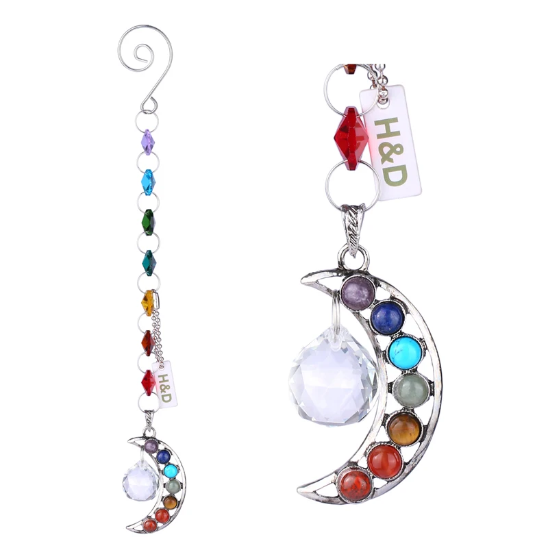 H&D Chakra Crystal Natural Stone Moon Suncatcher Crystal Prism Ball Half-moon Handmade Rainbow Ball Pendulum Hanging Pendant