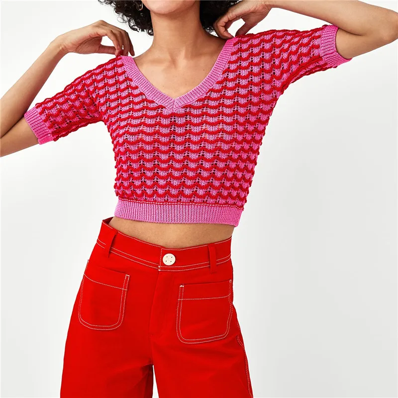 

2019 Spring Runway Women Sweater Contrast Color Short-sleeved V Neck Knit Pullover Fahsion Slim Short Jumpers Rainbow Sweater