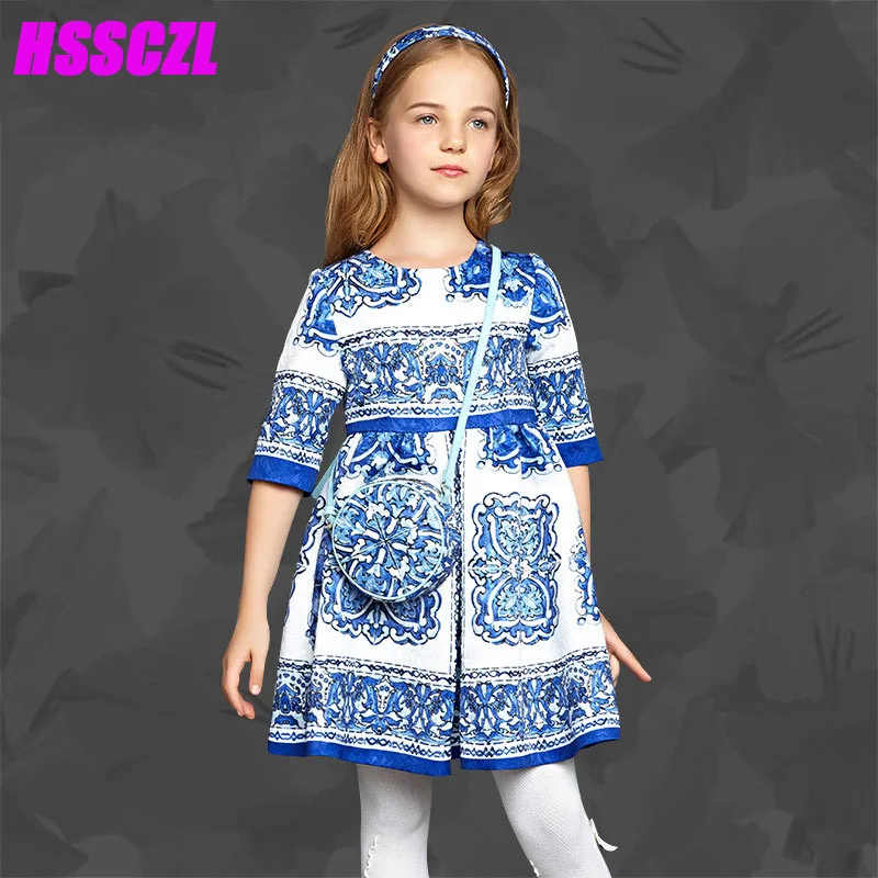 Hssczl для девочек платье на весну и осень 2019 бренд большого размера для девочек белое синее фарфоровое принт детское платье принцессы 4-14A