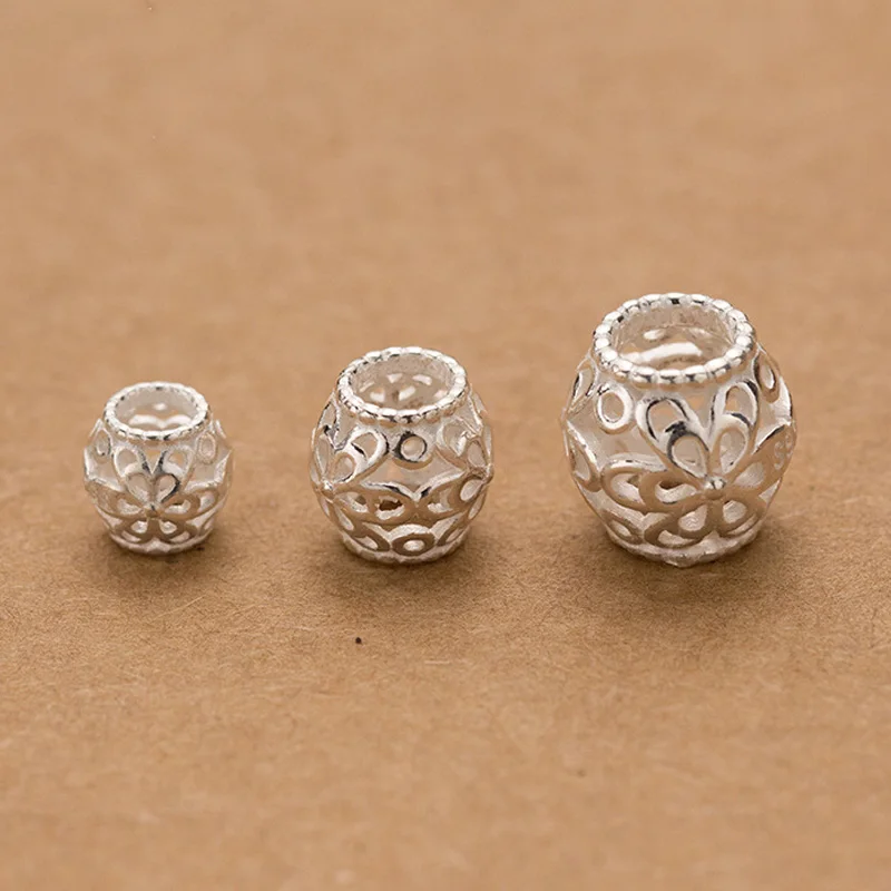 

925 Sterling Silver Hollow Out Flower Barrel Beads 7mm 9mm 11mm Big Hole Bracelets Spacer Beads Components DIY Jewelry Materials