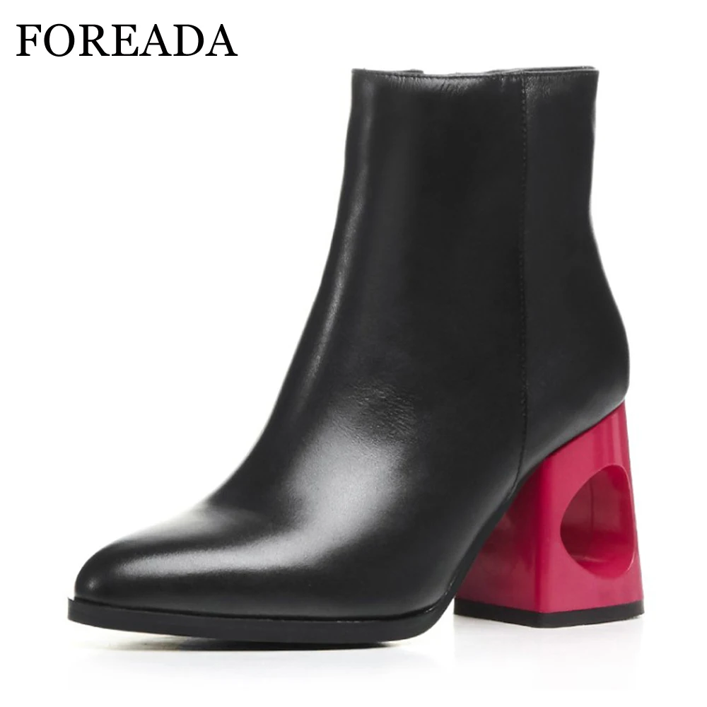 

FOREADA Genuine Leather Women Ankle Boots Winter Block High Heel Boots Leather Boots Pointed Toe Female Autumn Shoes Big Size 42