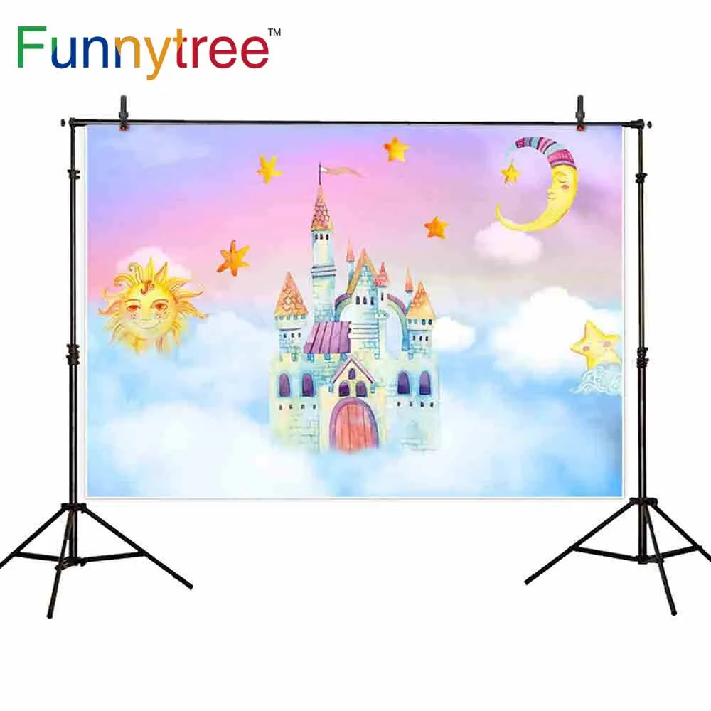Фон Funnytree для фотостудии Небо замок мультфильм Солнце Луна звезды облако дети
