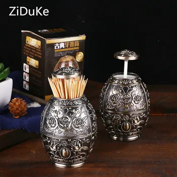 

Creative Zinc alloy retro automatic toothpick tube Toothpicks Holder Cotton Swab Box Cotton Bud Holder Case Table Decorate Sto