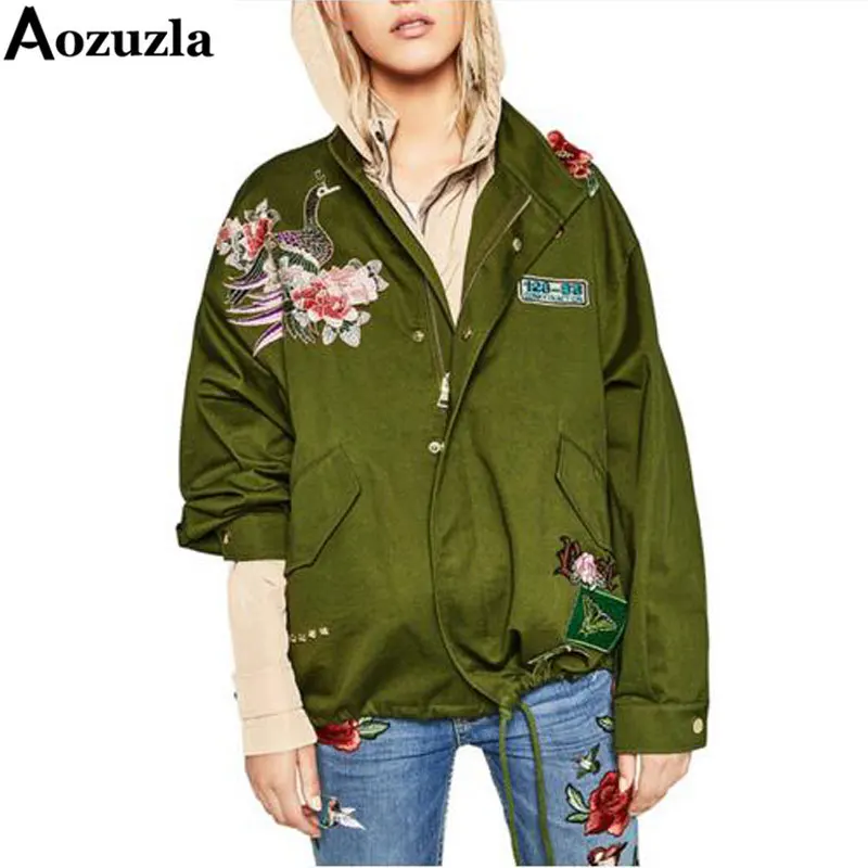 Floral Embroidery Bomber Jacket Autumn Patched Rivet Design Loose Flight Jackets Women Army 