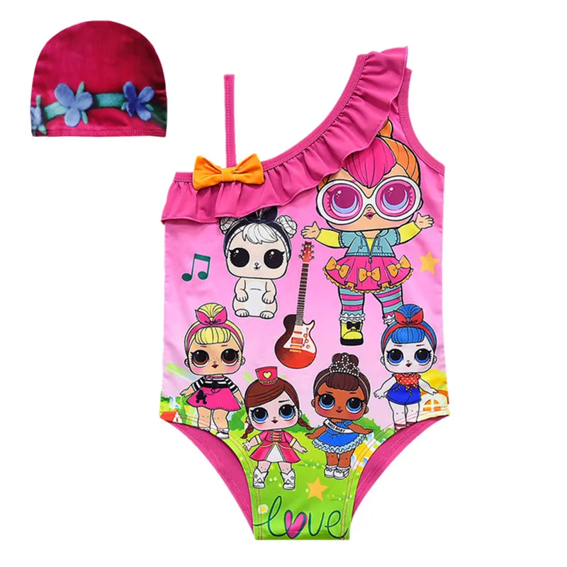 

2019 summer hot sale LOL children's shoulder swimsuit girls one-piece swimsuit strap doll cartoon Europe and America swimwear
