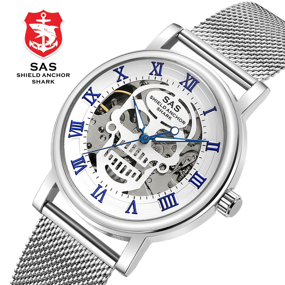 

Mechanical Men Milanese Wristwatches Luxury Brand Waterproof Watches Skull Watch Full Steel Skeleton Roman Watches SHARK -#820