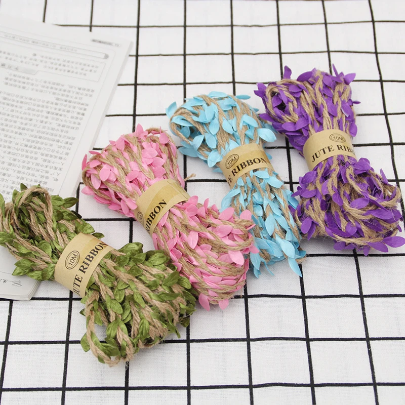 

10M Cords Green Leaves Decorated Rope Multicolor Leaves Linen Hemp Rope Home Decor Gift Packing String Wedding Party Supplies