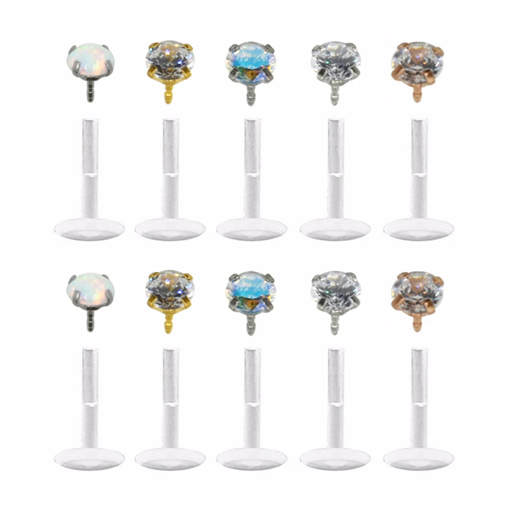 

10pieces Prong Set Grab Opal & CZ Crystal Zirconia Labret Lip Ring Piercing Monroe Stud Flexible Post Ear Helix Earring Jewelry