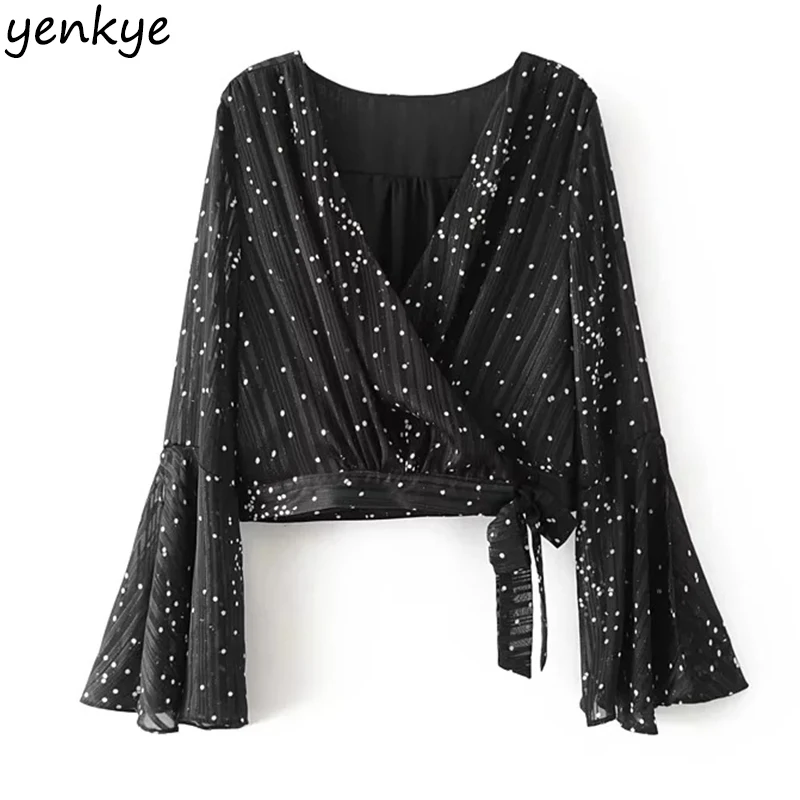 Black Polka Dot V-neck Chiffon Blouses Black Polka Dot V-neck Chiffon Blouses