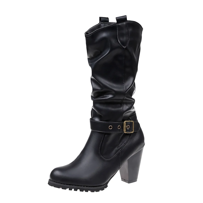 

Retro new 2018 autumn and winter thick with mid-heeled boots round head high-heeled boots and velvet Martin boots women