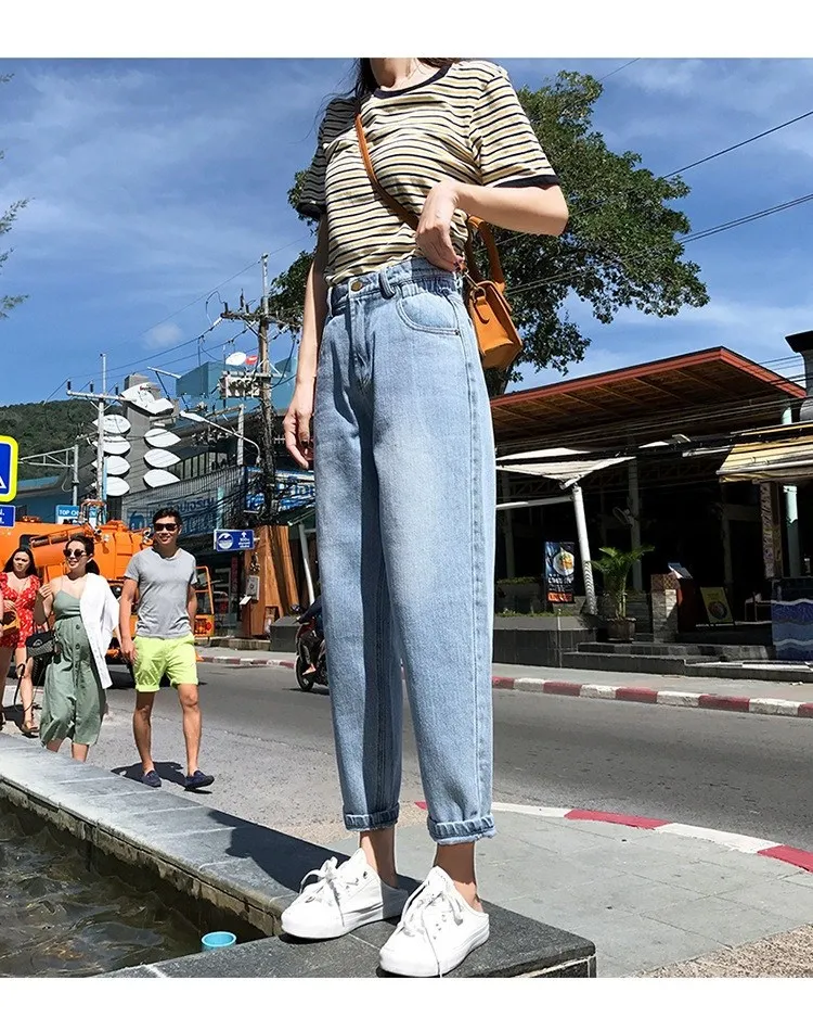 Летние женские винтажные Джинсовые штаны с высокой талией и широкими штанинами, модные джинсы-шаровары с эластичной талией