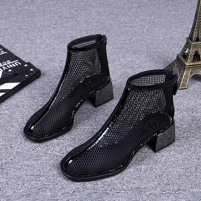 

2019 spring new mesh breathable zipper square head high heel women's shoes sandals women's tide