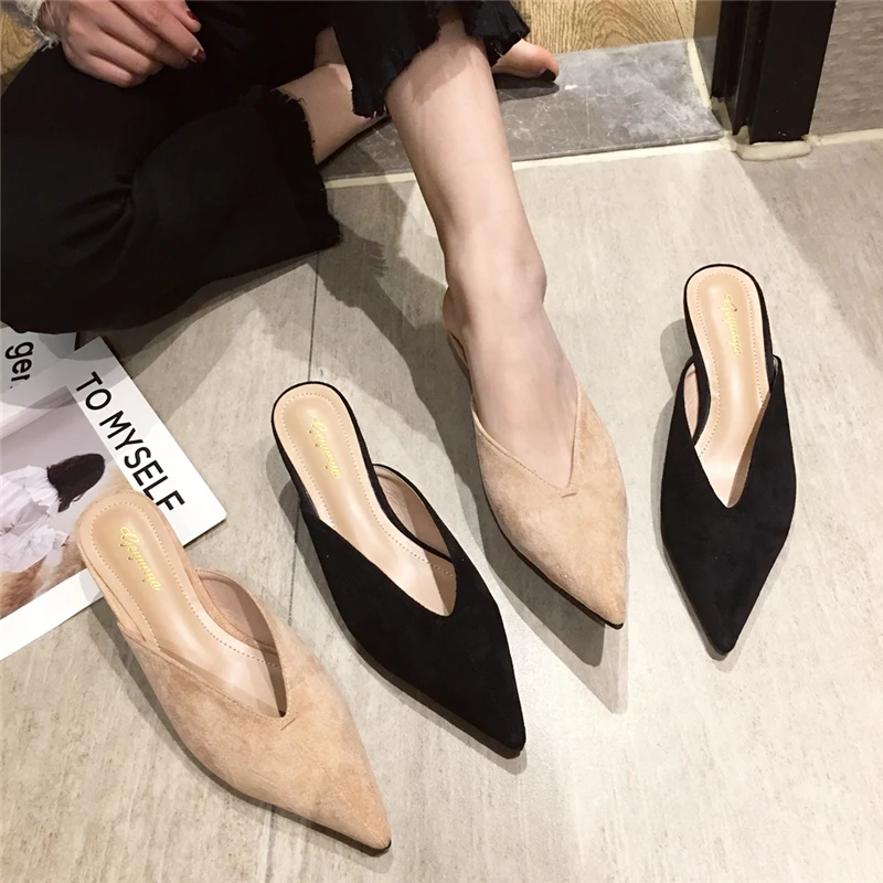 

2019 Summer Women V Shallow Low Heels Shoes Pointed-toe Mules Stripper Prom Party Slipper Slide Causal Black Luxury Dress Shoes