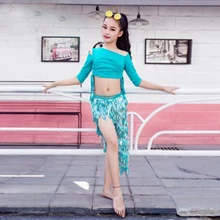 Новинка; комплект из 2 предметов; Топ; шарф-юбка; детская одежда для занятий танцами живота; Индийский танец; сценическая одежда для детей; Одежда для девочек