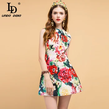 

LD LINDA DELLA Summer Vacation Fashion Runway Elegant Dress Women's Sleeveless Casual Floral Printed Beading Mini Short Dress
