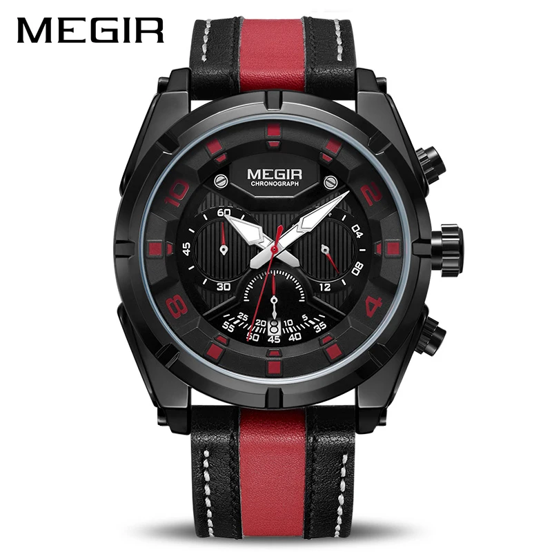 MEGIR Chronograph Sport Watch Men Quartz Wristwatches Clock Fashion Leather Army Military Watches H
