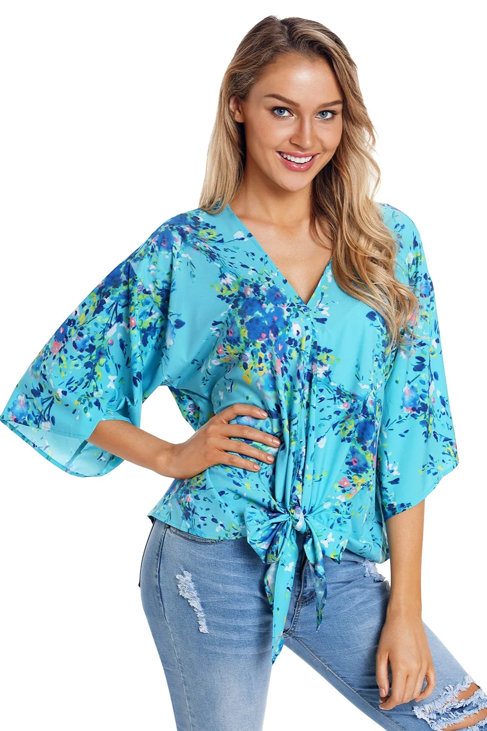 Turquoise-Flowerlet-Print-Tie-Front-Kimono-Sleeve-Blouse-LC251052-4-4