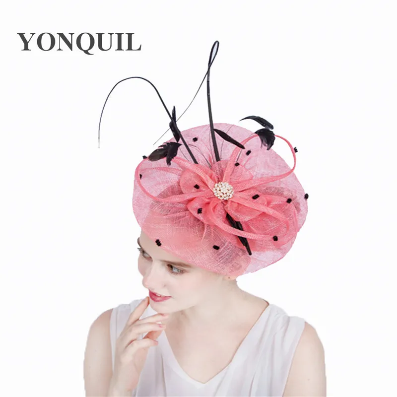 

Sinamay fascinators with feather 20color pink kentucky cocktail party event hats bride wedding headwear NEW ARRIVAL high quality