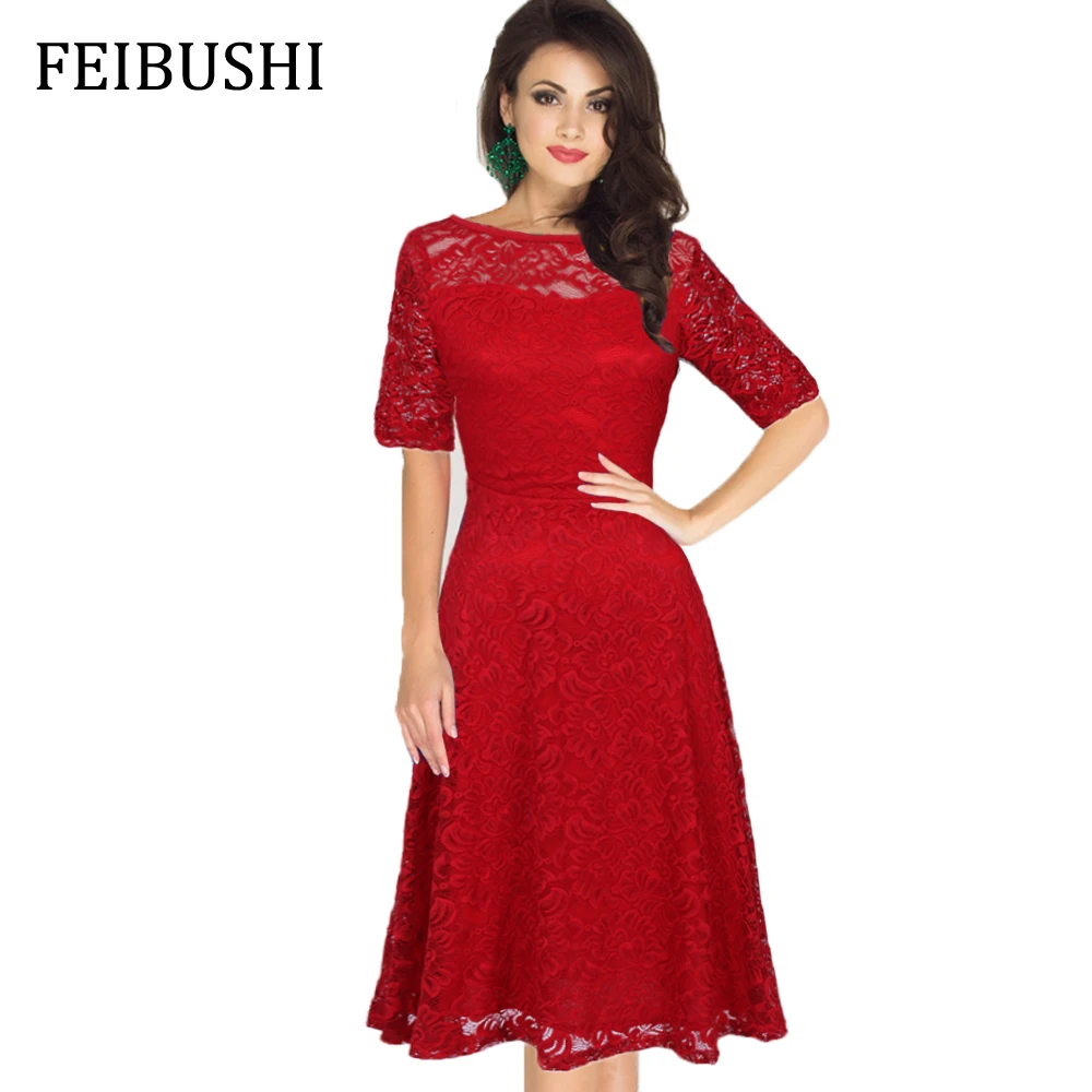 FEIBUSHI Womens Elegant Sexy Lace See Through Tunic Casual Club Bridesmaid Mother of Bride Dress Skater