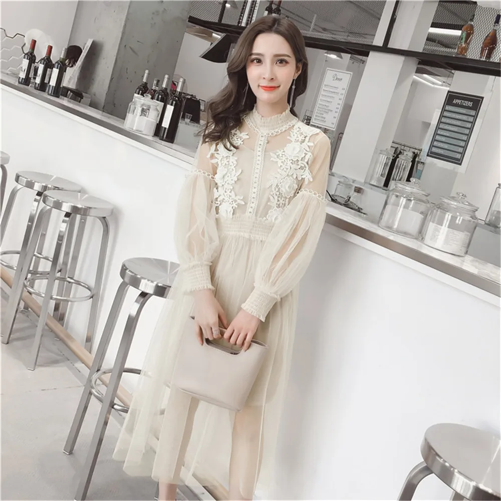 

Elegant New 2019 Summer Sweet Dress Women Lantern Sleeve Stand Collar Voile Flower Lace Patchwork Mesh Dress