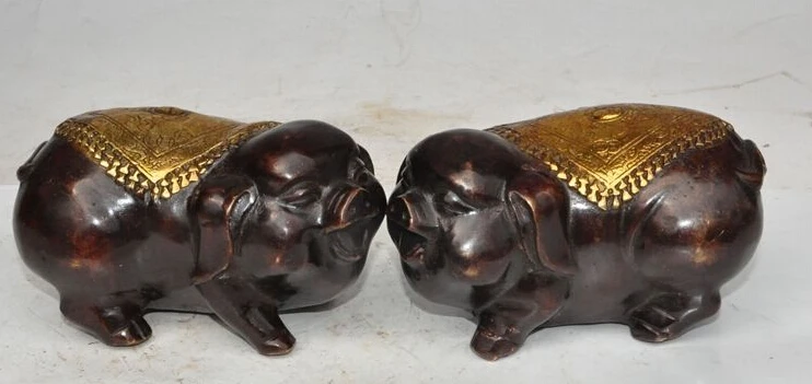 

bi003341 folk Chinese fengshui bronze gilt zodiac happy pig swine auspicious statue pair