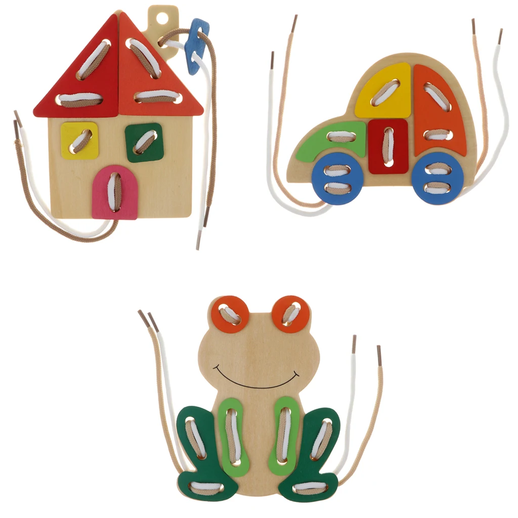 Baby Boys Girls Wooden Threading Board Kids Lacing Toy Early Educational Activity Laces Game Car Kindergarten Montessori Toy