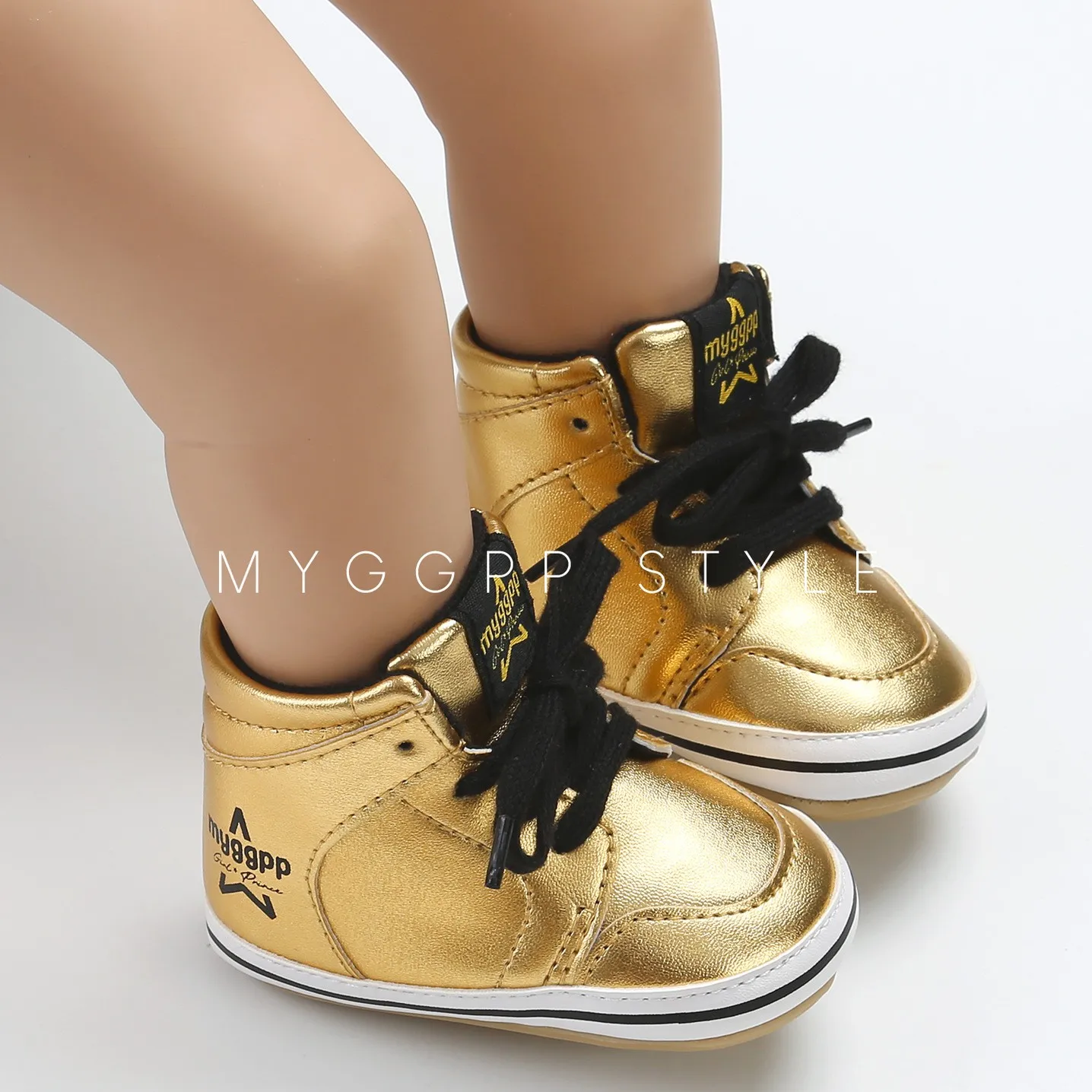 fashion gold high top baby shoes lace up leather toddler shoes rubber