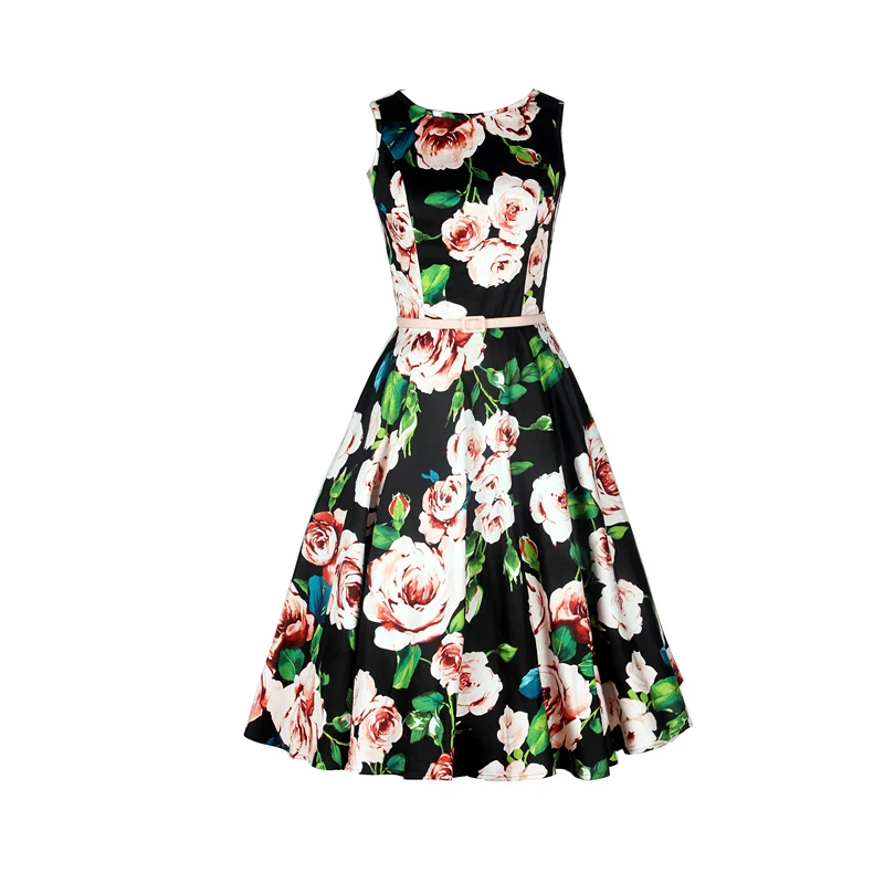 2016 Retro Printed Boat Neck Dress Vintage Hepburn Stylish Handmade Dress XS Elegant Women Semi Formal