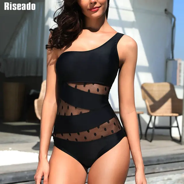 {Excellent|Wonderfull|Very Good|Very Recommended} Riseado One Shoulder One Piece Swimsuit 2019 Sexy Mesh Swimwear Women Bandeau Bathing Suit Solid Dot Printing Swimsuits Special Offers
