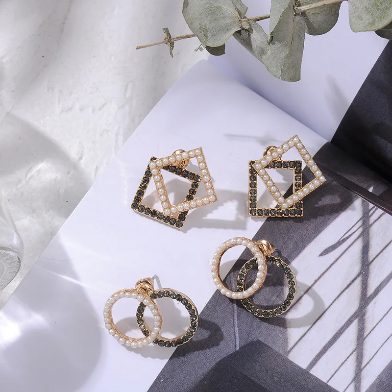 Корейский дизайн, двойные металлические черные золотые геометрические круглые квадратные серьги-гвоздики с искусственным жемчугом и кристаллами для женщин, подарок для девушек