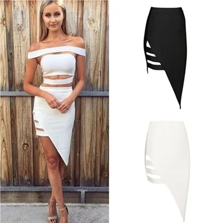 

3 Colors Top Quality Celebrity Irregular Black White Grey Hollow Out Bandage Skirt Sexy Bodycon Skirt