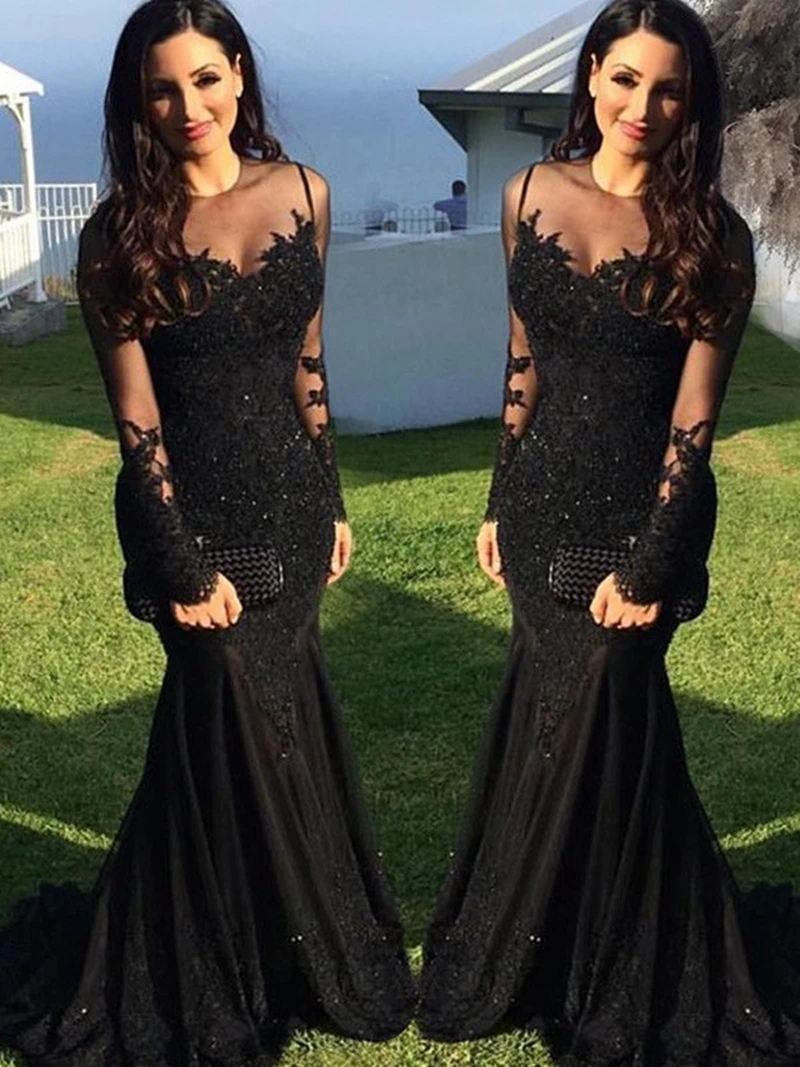 

2019 Mermaid Black Muslim Evening Dresses Long Sleeve Appliques Lace Beaded Islamic Dubai Saudi Arabic Long Formal Evening Gowns