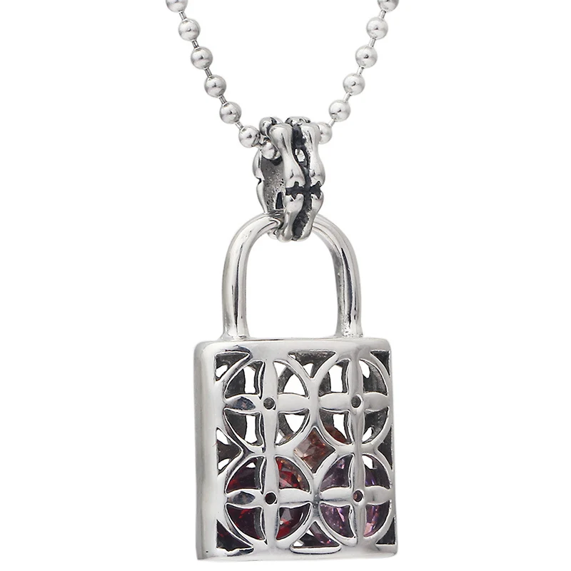 

Punk Style Red Cubic zirconia 316L Stainless Steel Lock Shape Pendants Necklaces for Men Vintage Jewerly Gift