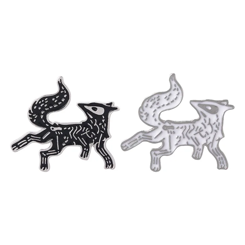 #*Cheap Fox Metal Enamel Brooch Black and White Fox Skeleton Stone Badge Pin Unique Trendy Costume Backpack Jewelry Accessories Gift