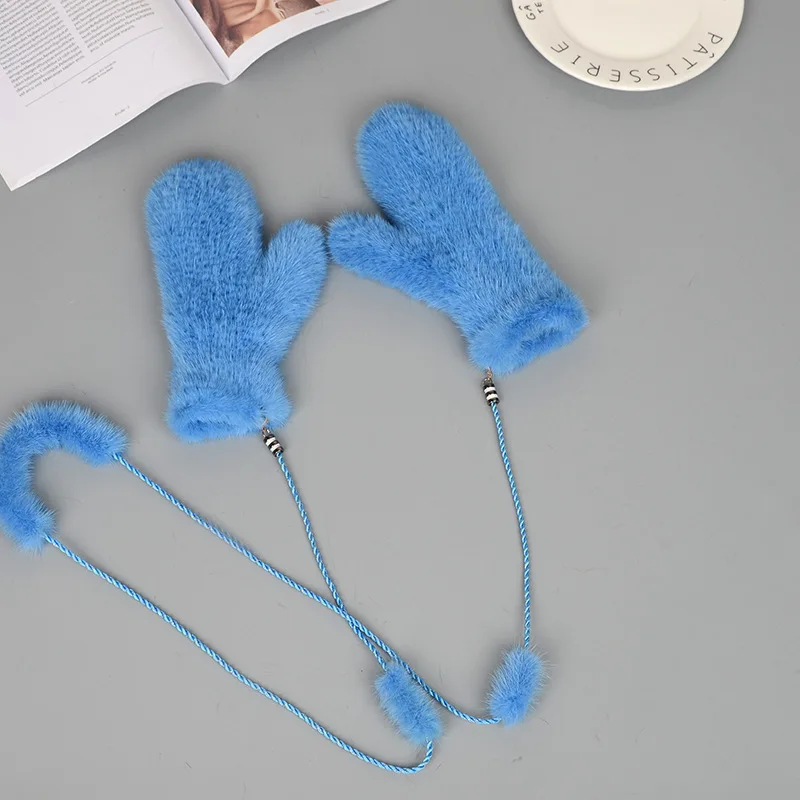 Mink Fur Orange Gloves Women Winter New Korean Version Of The Warm Cute Female Suede Weaving Fingers Fur Gloves - Цвет: sky blue