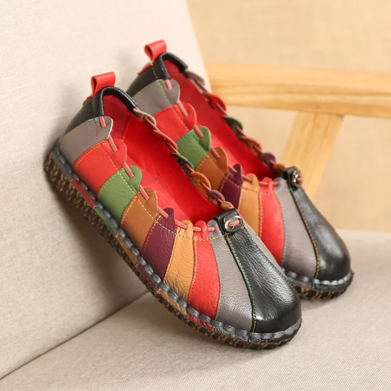 De Caoutchouc Véritable 2 Mère Dongnanfeng Peau purple Femmes Porc Pu 35 Appartements Casual 40 Slip Cuir Yd green Mocassins Vache Vintage En Sur Chaussures Black Patchwork xx6UwX