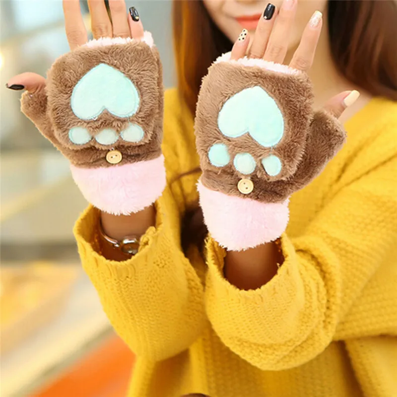 Cartoon Gloves 1 Pair New Winter Warm Girls Novelty Heart Cat Paw Half Finger Flip Mittens Chrismas Coral Fleece Gloves