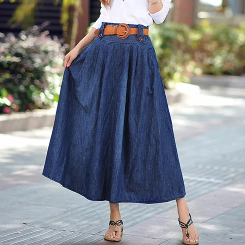 2017 Mujeres Del Verano Larga de Mezclilla De Alta Cintura Ocasional Floja Plisada Maxi Faldas de Jean Más Tamaño 3XL|maxi jeans long denim skirtlong denim skirt - AliExpress