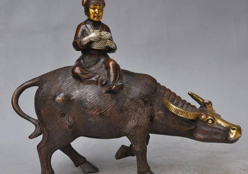 

chinese fengshui Bronze Gilt silver boy lad Ride Bull Cattle Bovine statue