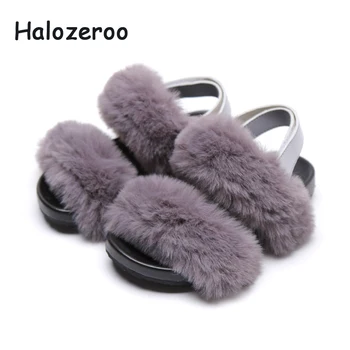 

Summer New 2019 Kids Angora Sandals Baby Girls Fur Princess Shoes Children Gray Sandals Toddler Pu Leather Sandals Fashion Shoes