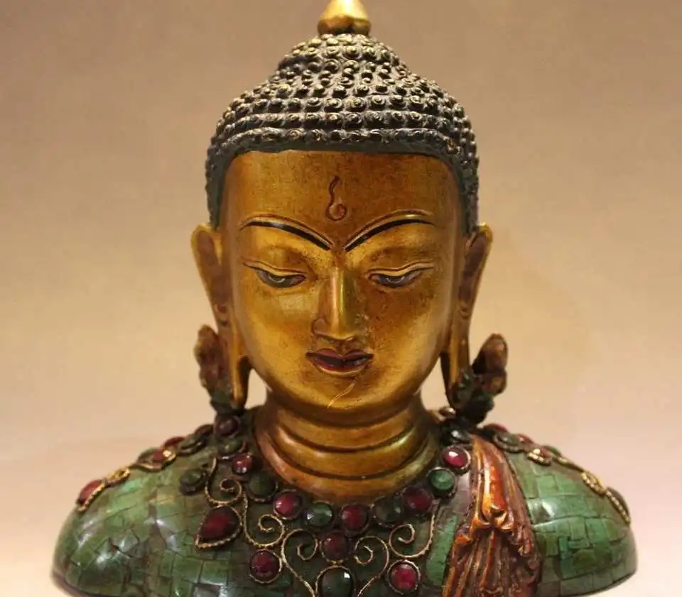 

7" Tibet Buddhism Bronze Gild Turquoise Gem sakyamuni Shakyamuni buddha Head